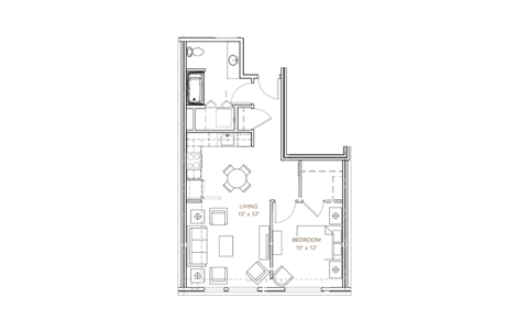 Floor plan for 1 bed, 1 bath, 705 sqft